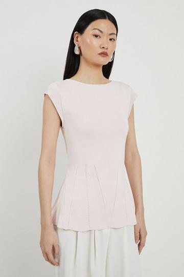 Viscose Blend Knit Chiffon Angel Sleeve Peplum Top soft pink