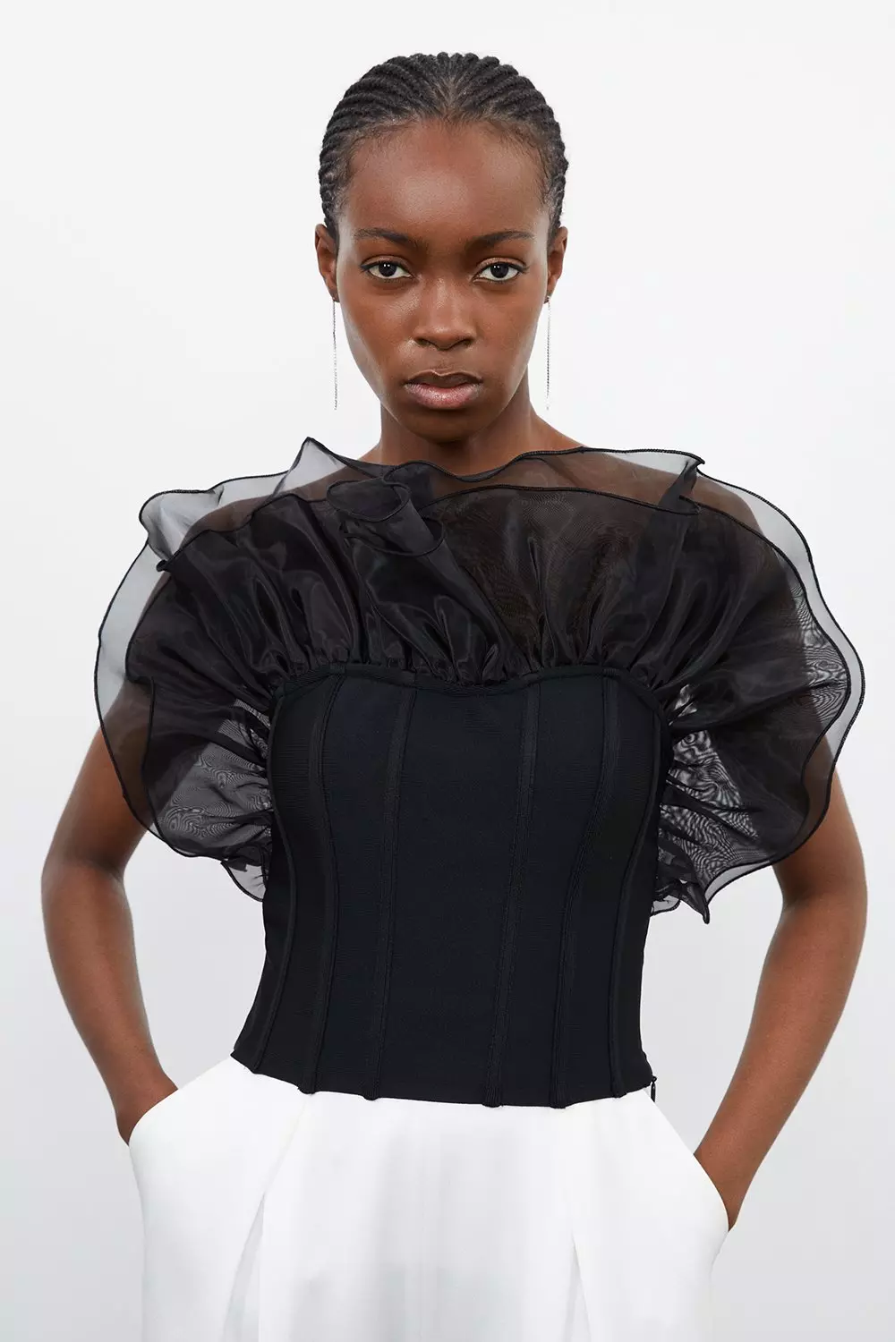 Black Figure Form Bandage Knit Organza Frill Detail Top alternative image