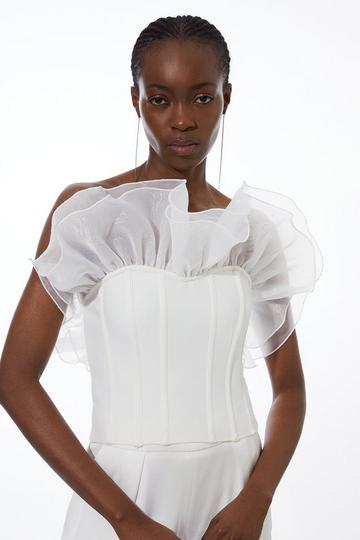 Cream White Figure Form Bandage Knit Organza Frill Detail Top