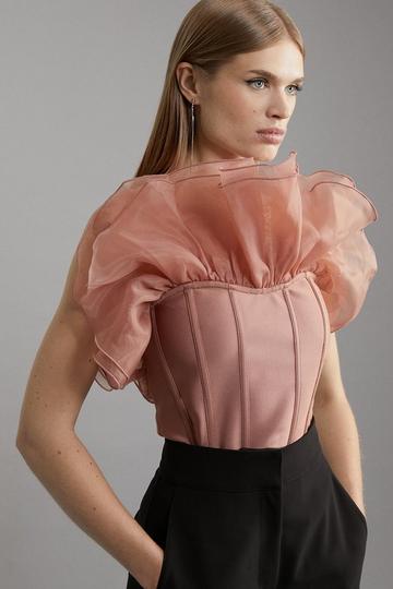 Figure Form Bandage Knit Organza Frill Detail Top rose