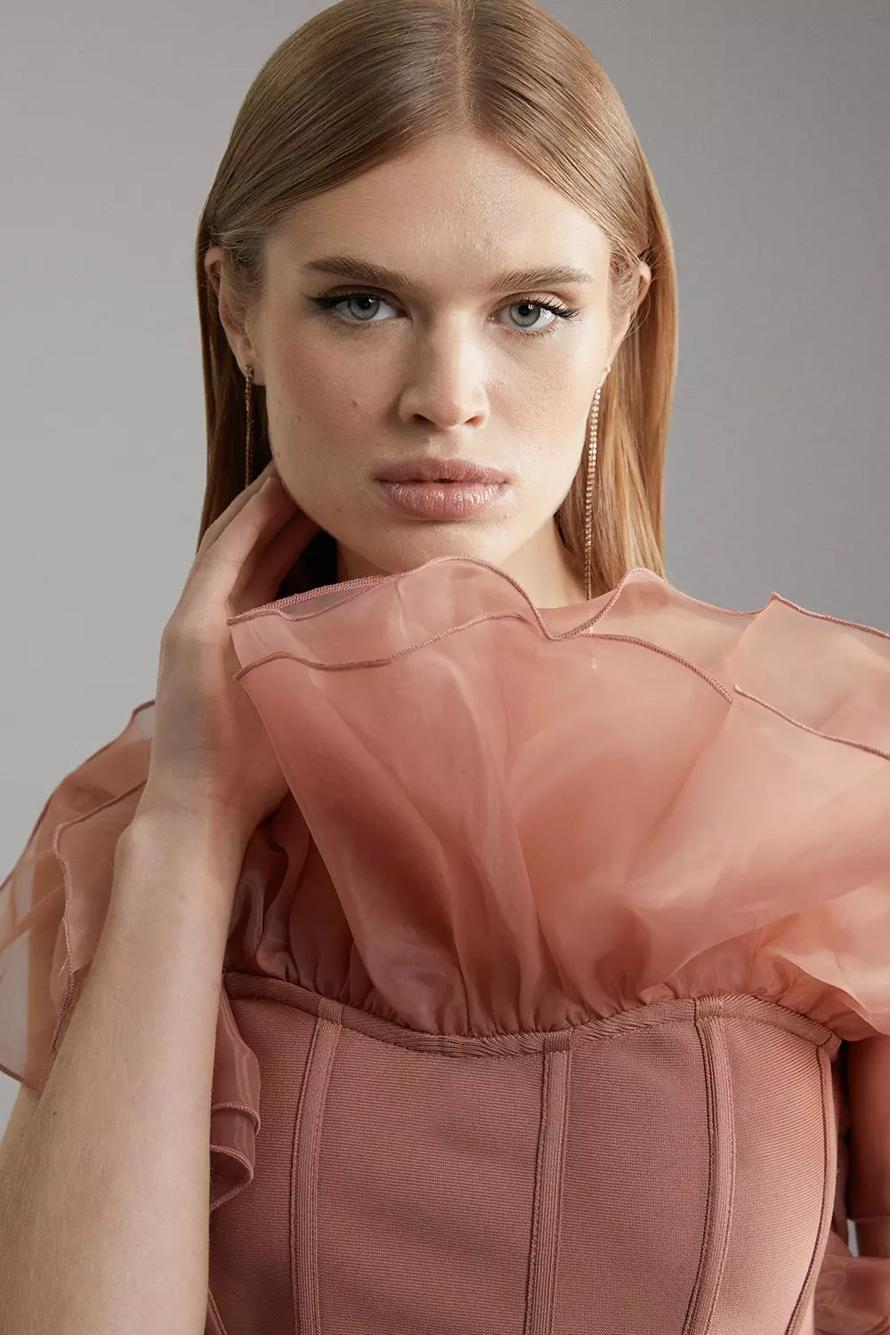 Figure Form Bandage Knit Organza Frill Detail Top | Karen Millen