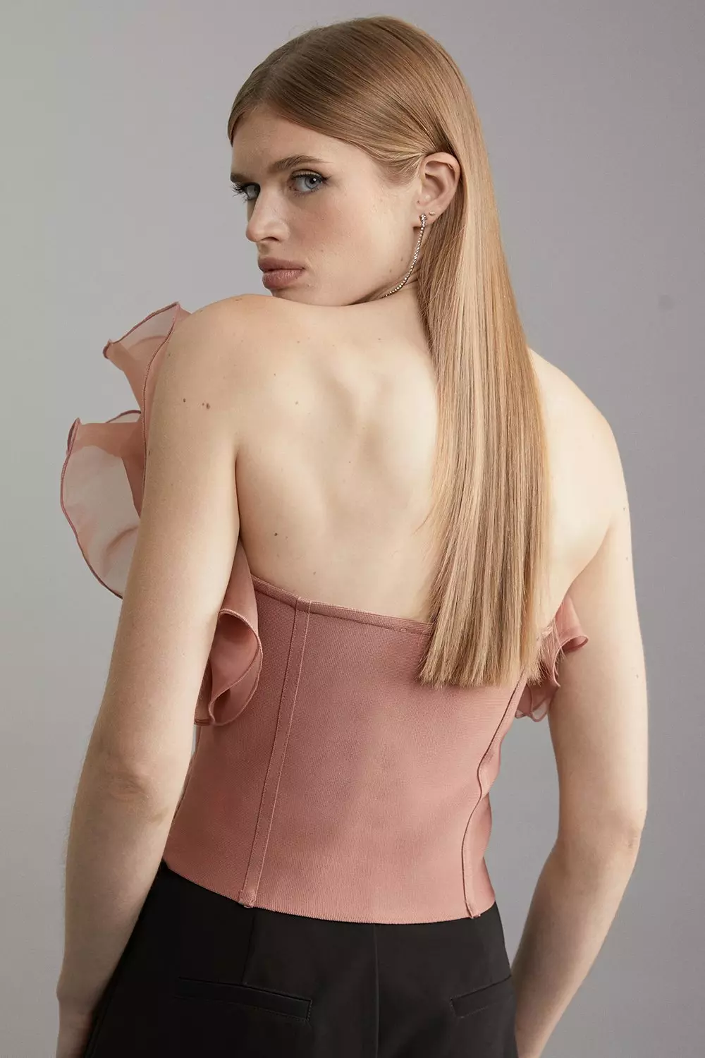 Figure Form Bandage Knit Organza Frill Detail Top | Karen Millen
