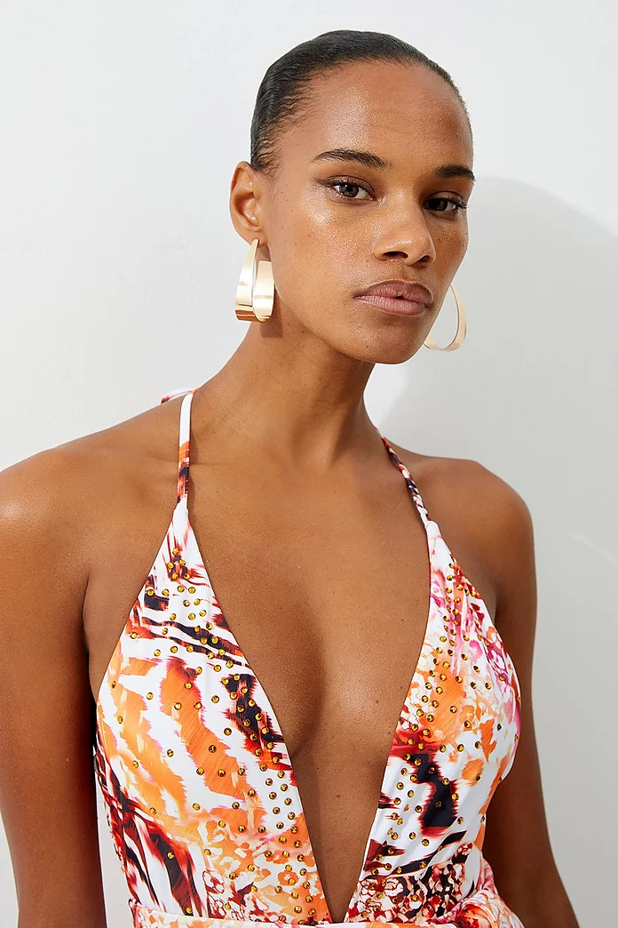Statement Print Embellished Trim Tie Detail Swimsuit | Karen Statement Print Embellished Trim Tie Detail Swimsuit | Karen