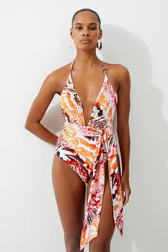Statement Print Embellished Trim Tie Detail Swimsuit | Karen Statement Print Embellished Trim Tie Detail Swimsuit | Karen