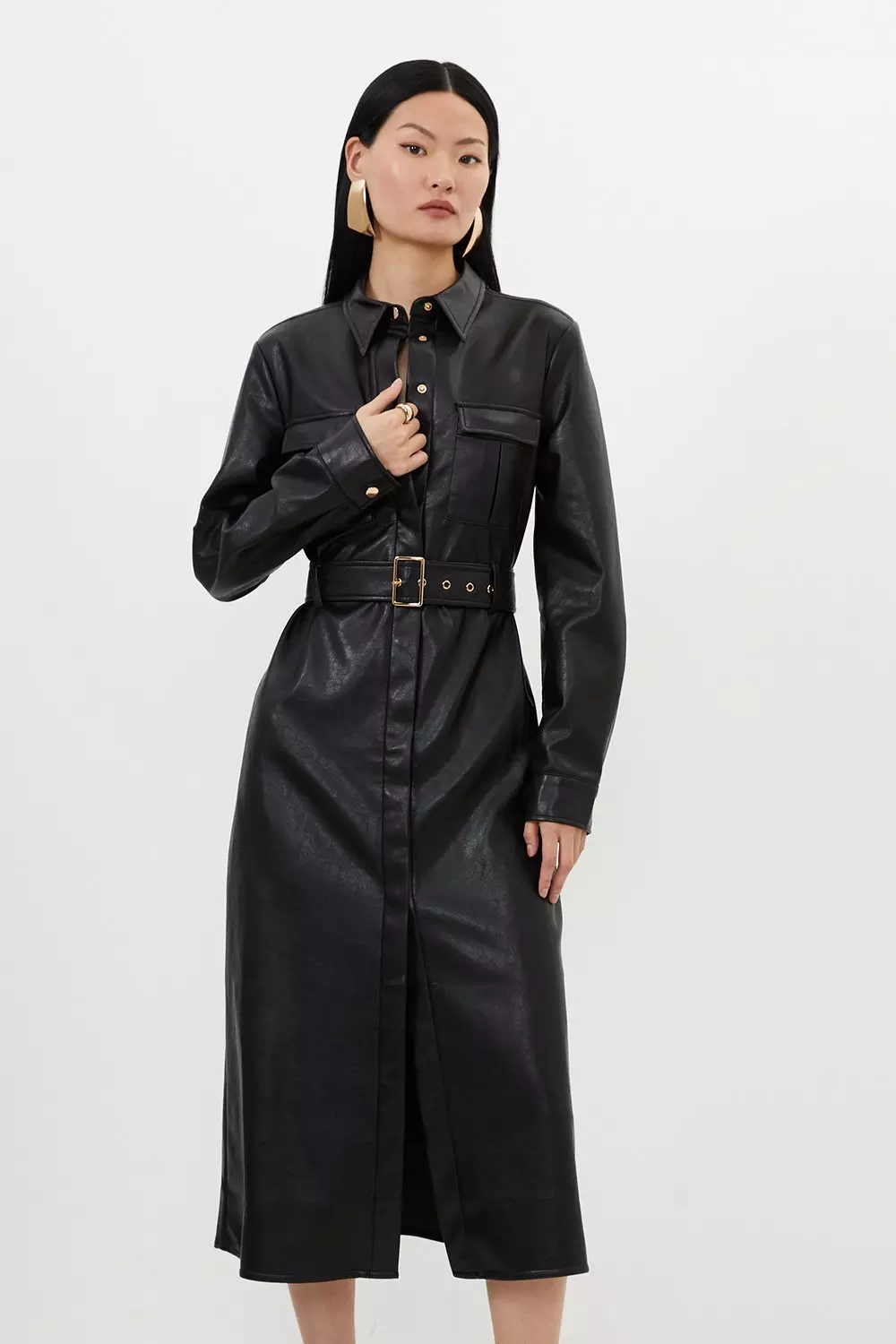 Black Faux Leather Belted Midi Shirt Dress alternative image