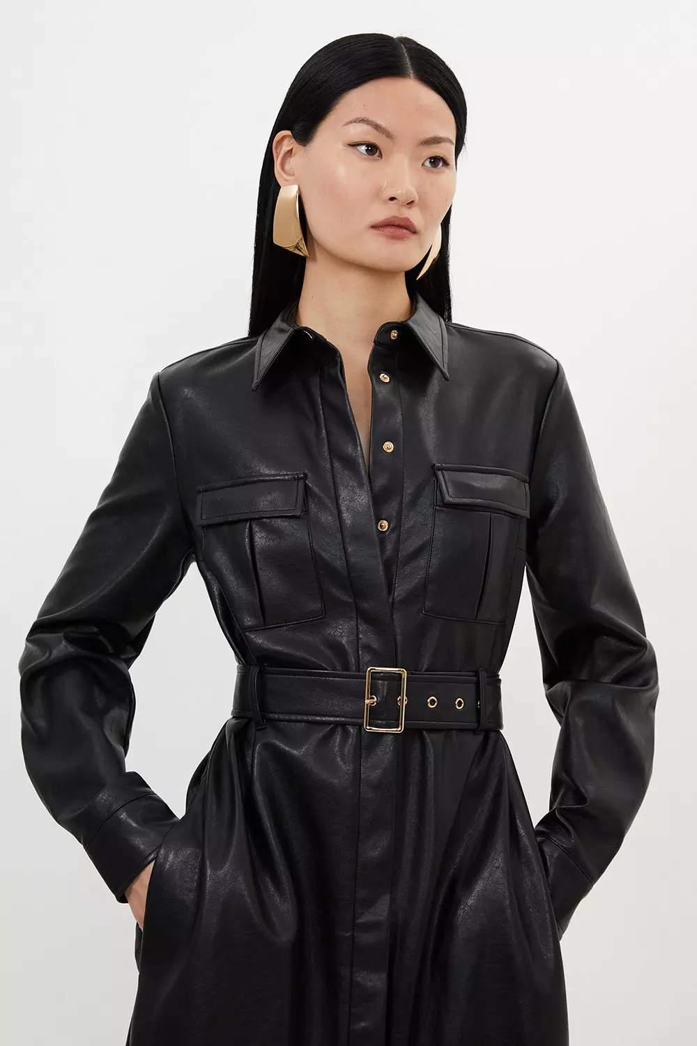 Black Faux Leather Belted Midi Shirt Dress alternative image