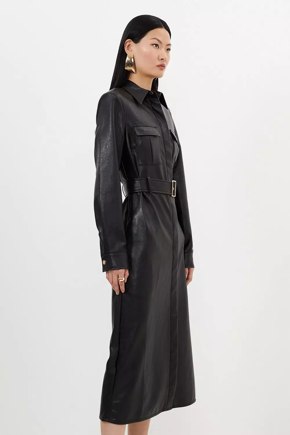 Black Faux Leather Belted Midi Shirt Dress alternative image