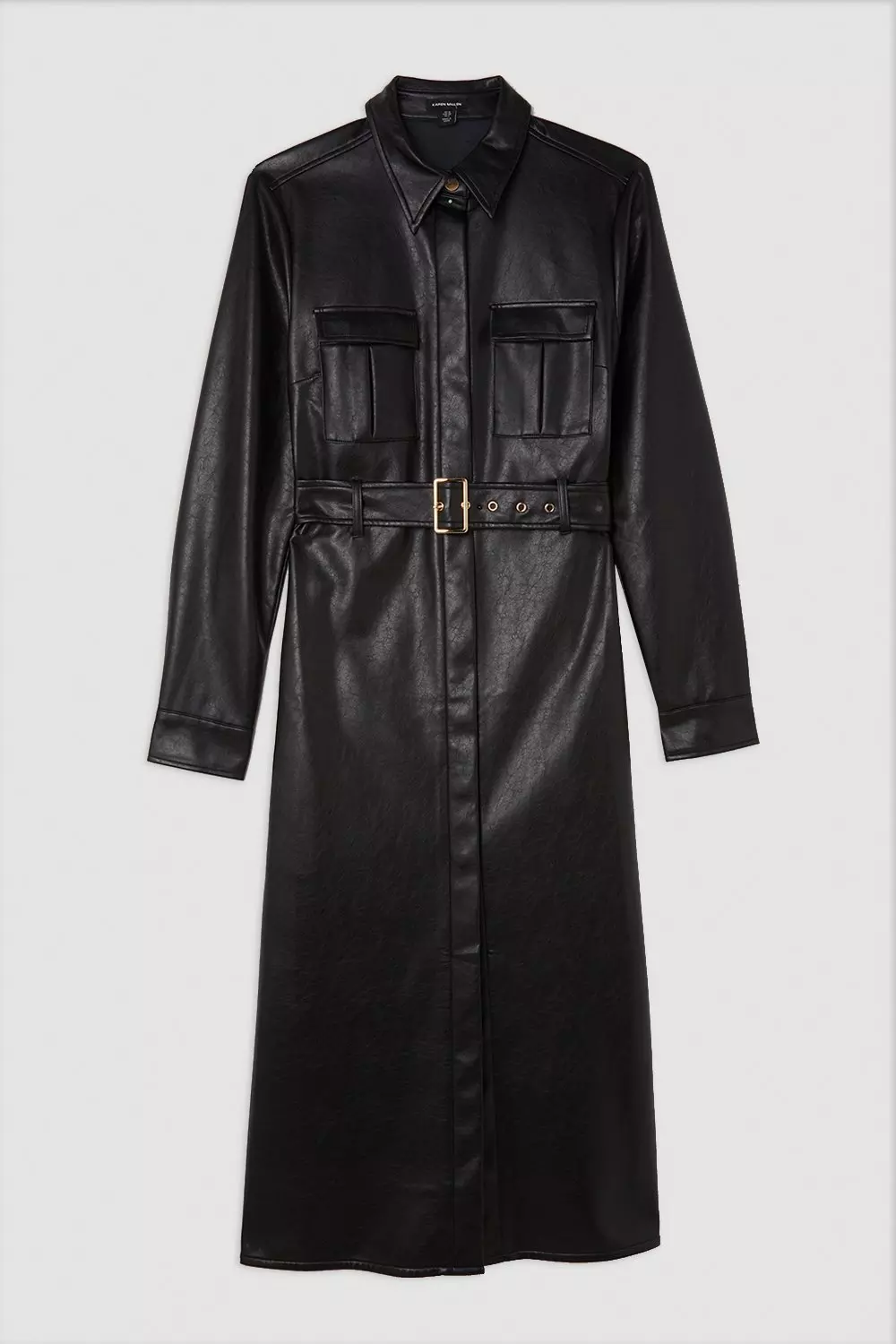 Black Faux Leather Belted Midi Shirt Dress alternative image