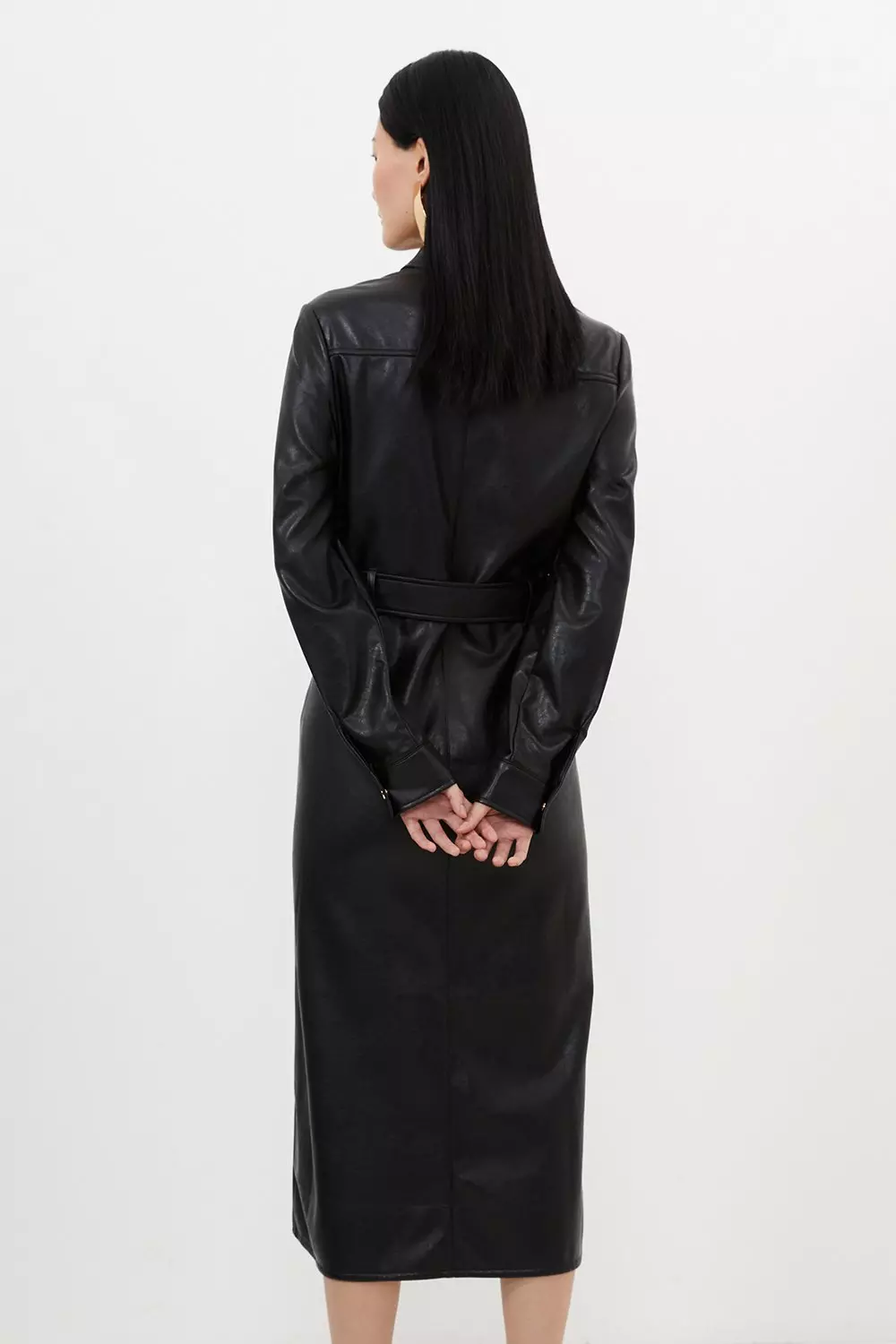 Black Faux Leather Belted Midi Shirt Dress alternative image