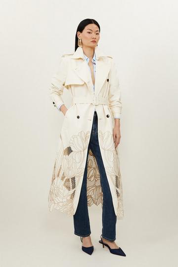 Tailored Cutwork Embroidered Belted Trench Coat ivory