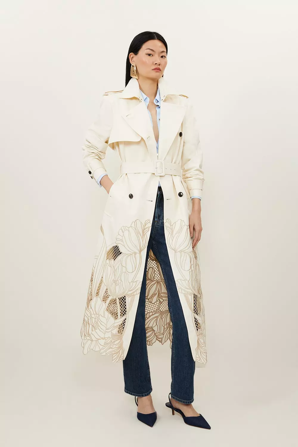 Tailored Cutwork Embroidered Belted Trench Coat Karen Millen