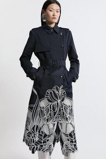 Navy Tailored Cutwork Embroidered Belted Trench Coat