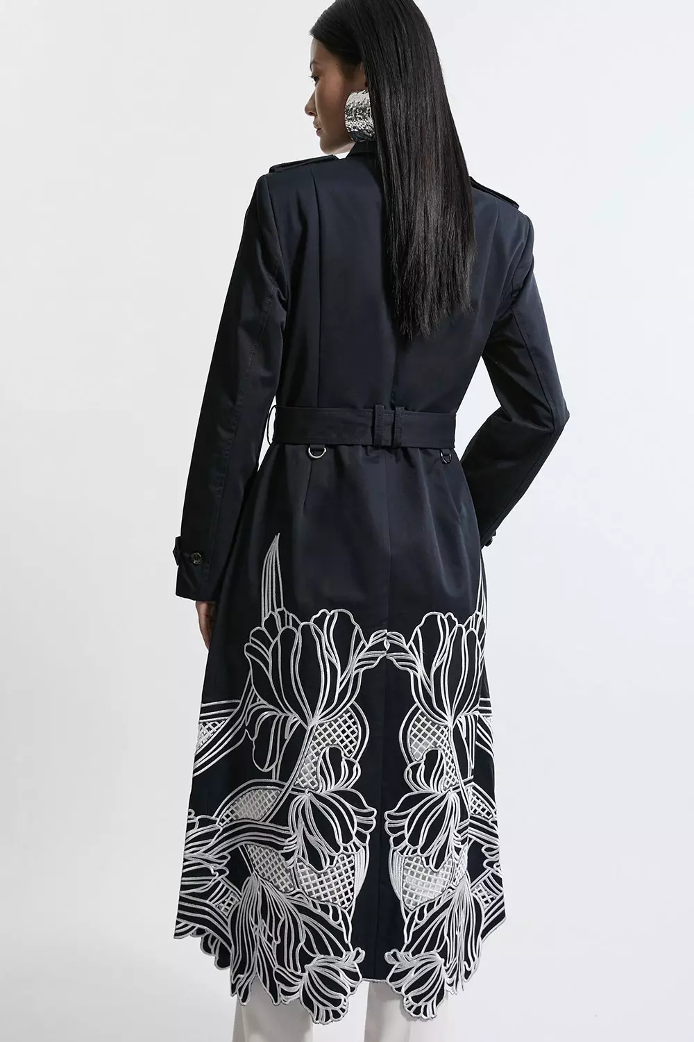 Tailored Cutwork Embroidered Belted Trench Coat | Karen Millen