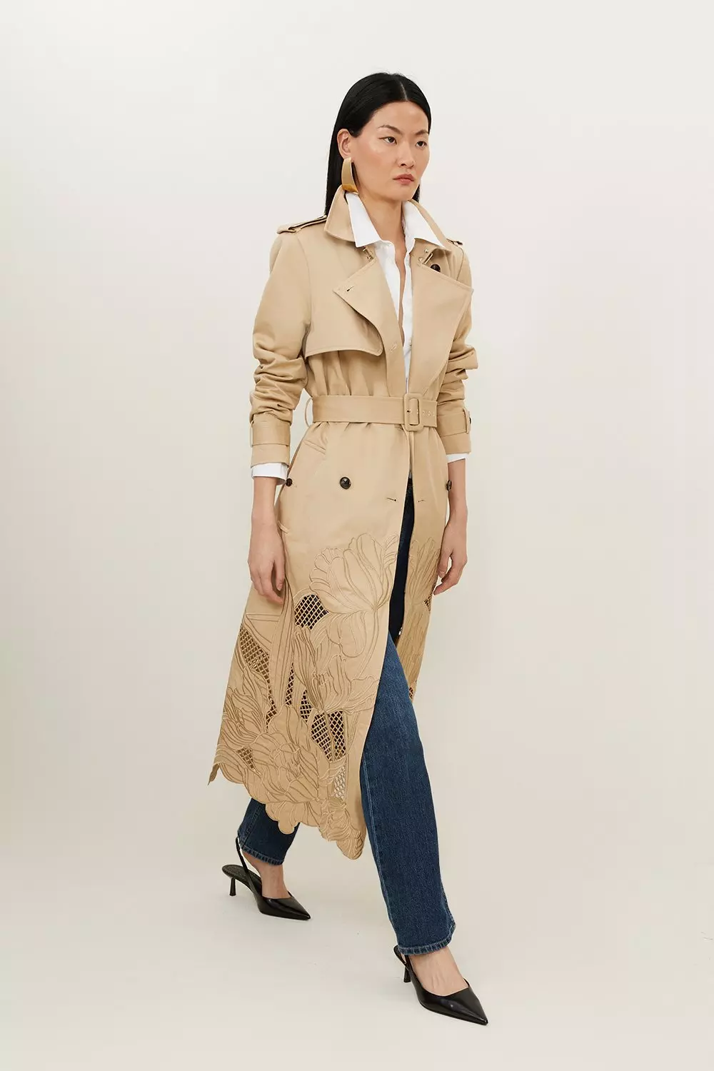 Tailored Cutwork Embroidered Belted Trench Coat | Karen Millen
