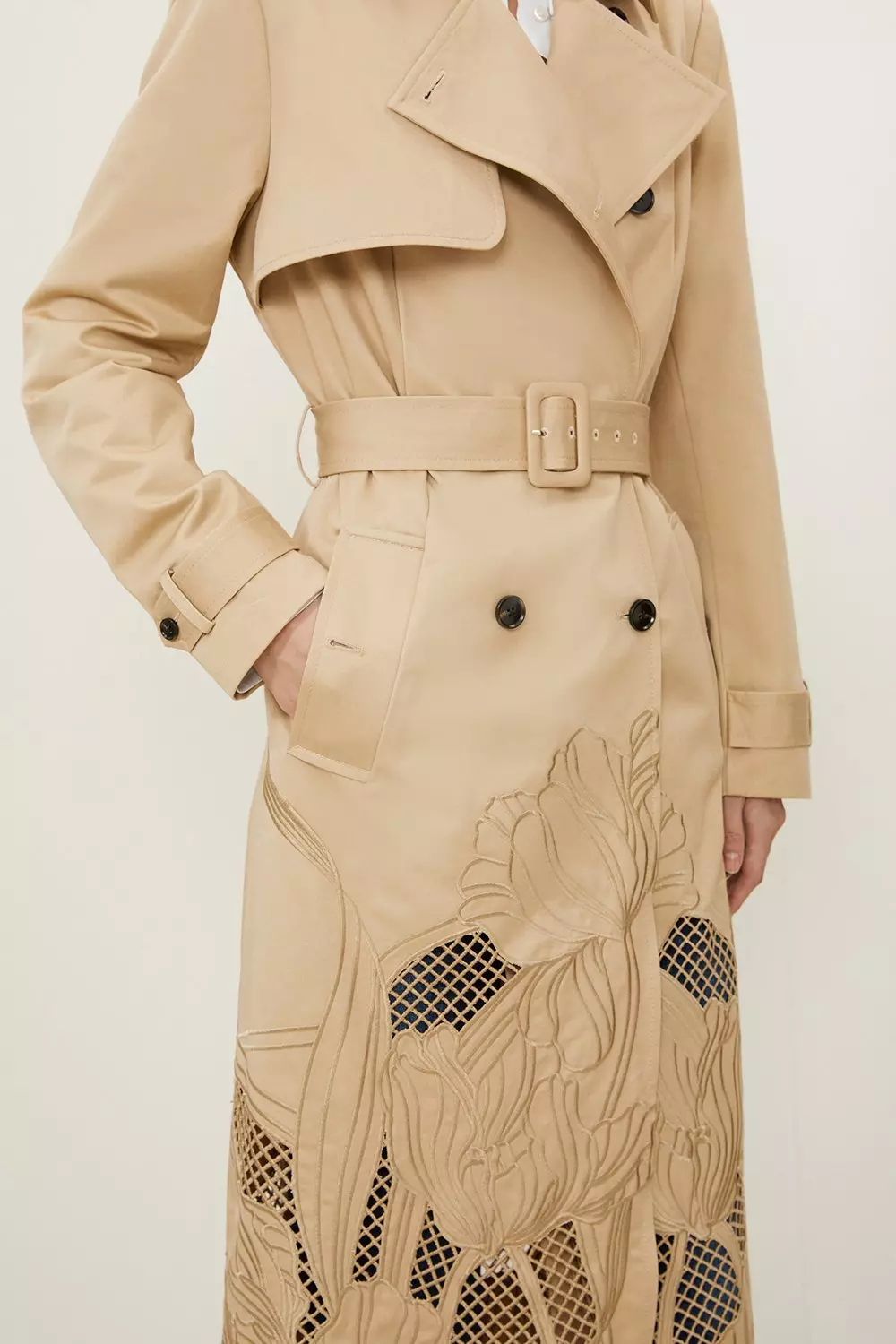 Tailored Cutwork Embroidered Belted Trench Coat | Karen Millen