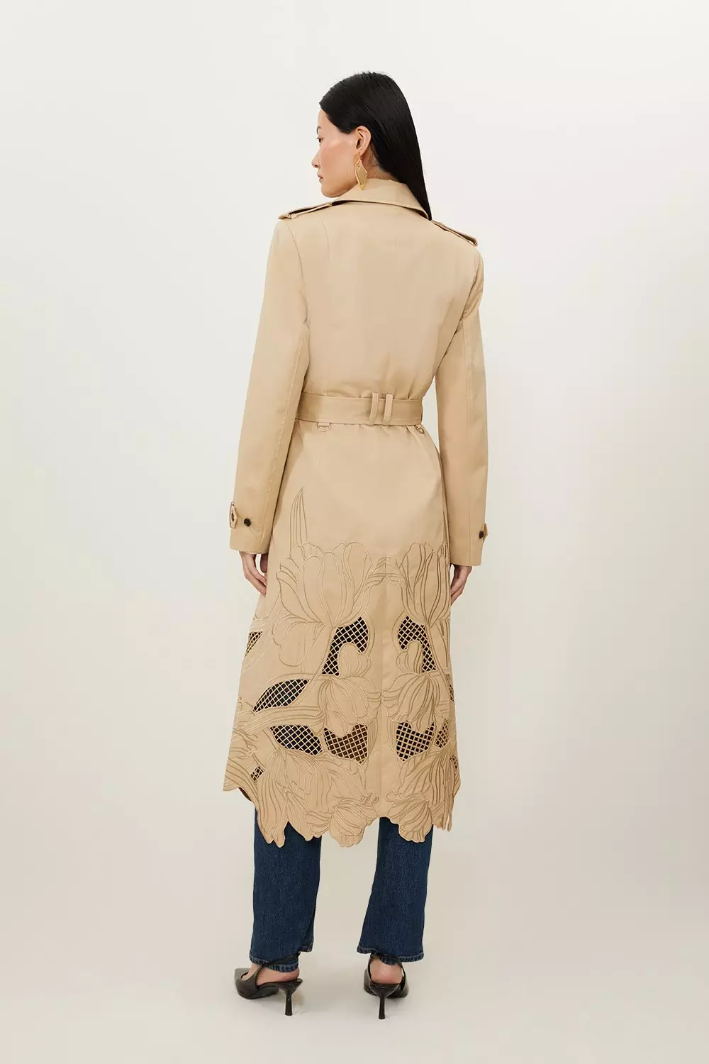 Tailored Cutwork Embroidered Belted Trench Coat | Karen Millen