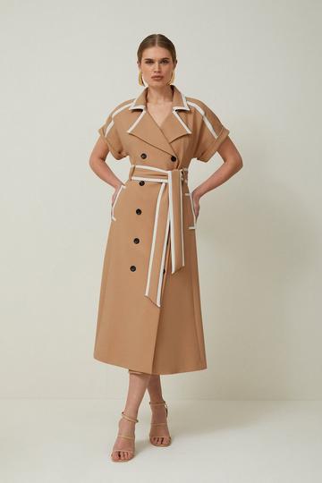 Compact Stretch Tipping Detailed Tailored Midi Dress camel