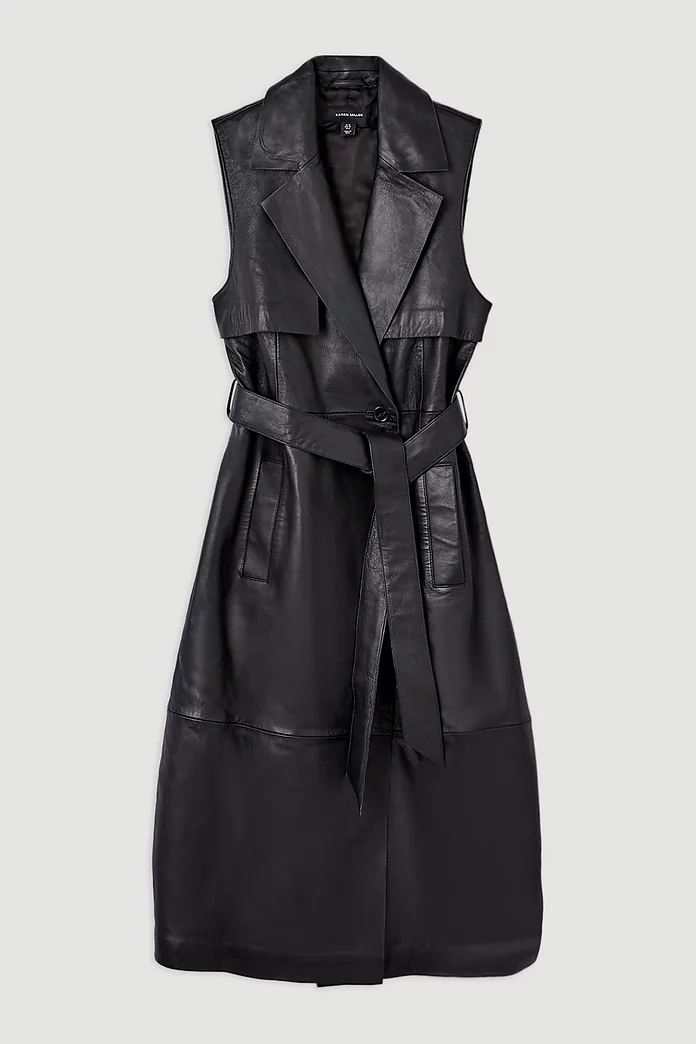 Leather Sleeveless Belted Storm Flap Detail Trench Coat Leather Sleeveless Belted Storm Flap Detail Trench Coat