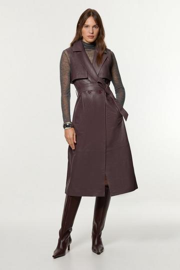 Leather Sleeveless Belted Storm Flap Detail Trench Coat mulberry