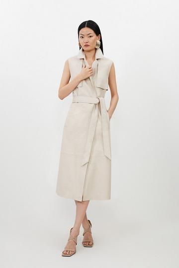 Leather Sleeveless Belted Storm Flap Detail Trench Coat neutral