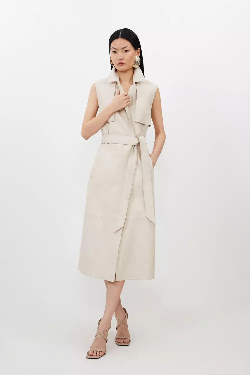 完売品】アンリアン unliens / short trench gilet Petite Nylon & Woven Mix Belted Full Skirt Trench Coat