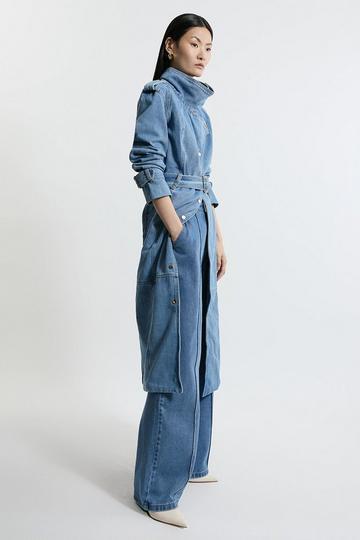 Blue Denim Funnel Neck Belted Maxi Coat