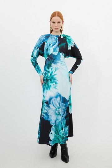 Photographic Floral Jersey Batwing Sleeve Maxi Dress floral
