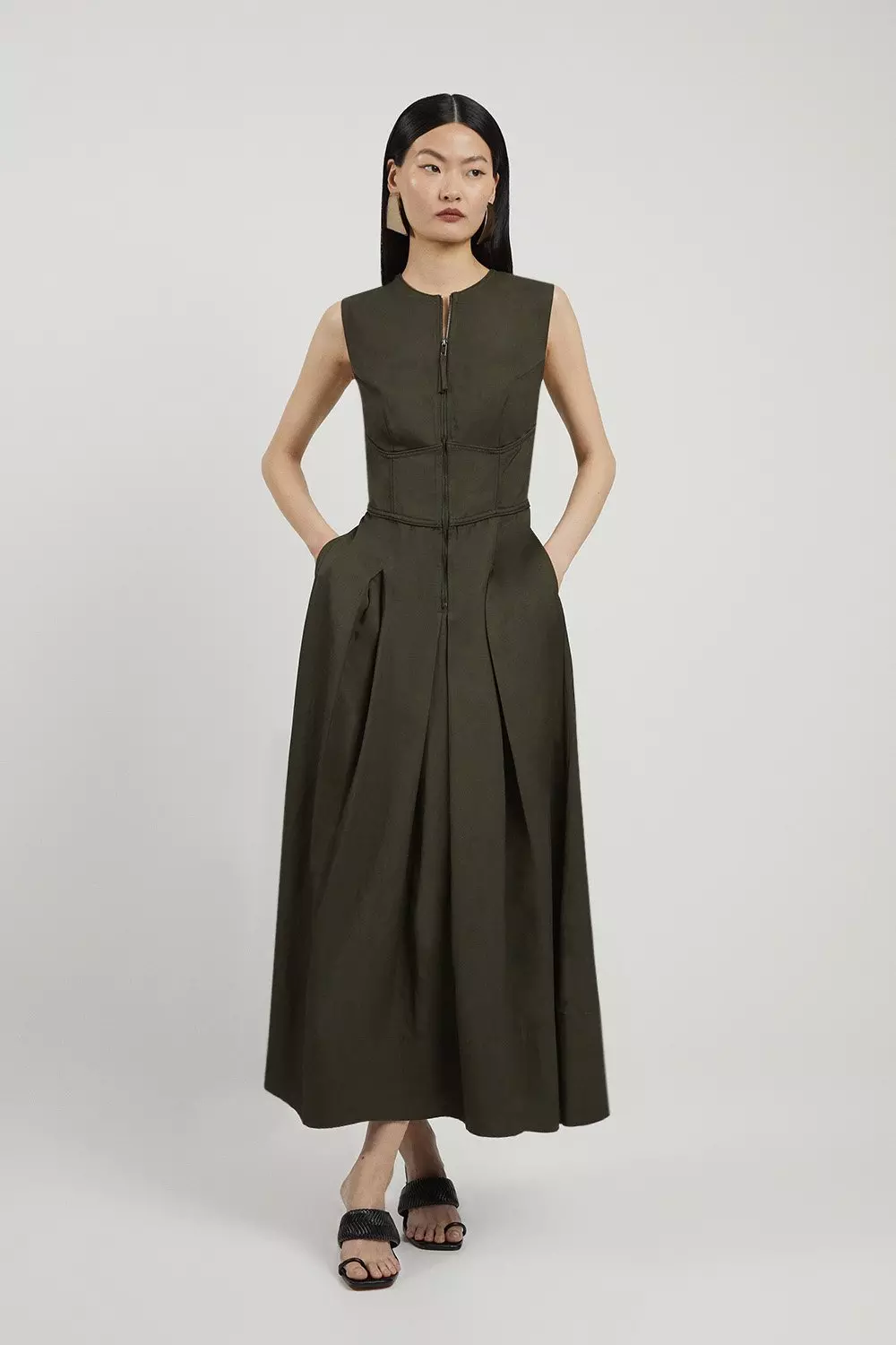 Premium Linen Twill Woven Sleeveless Maxi Dress | Karen Millen