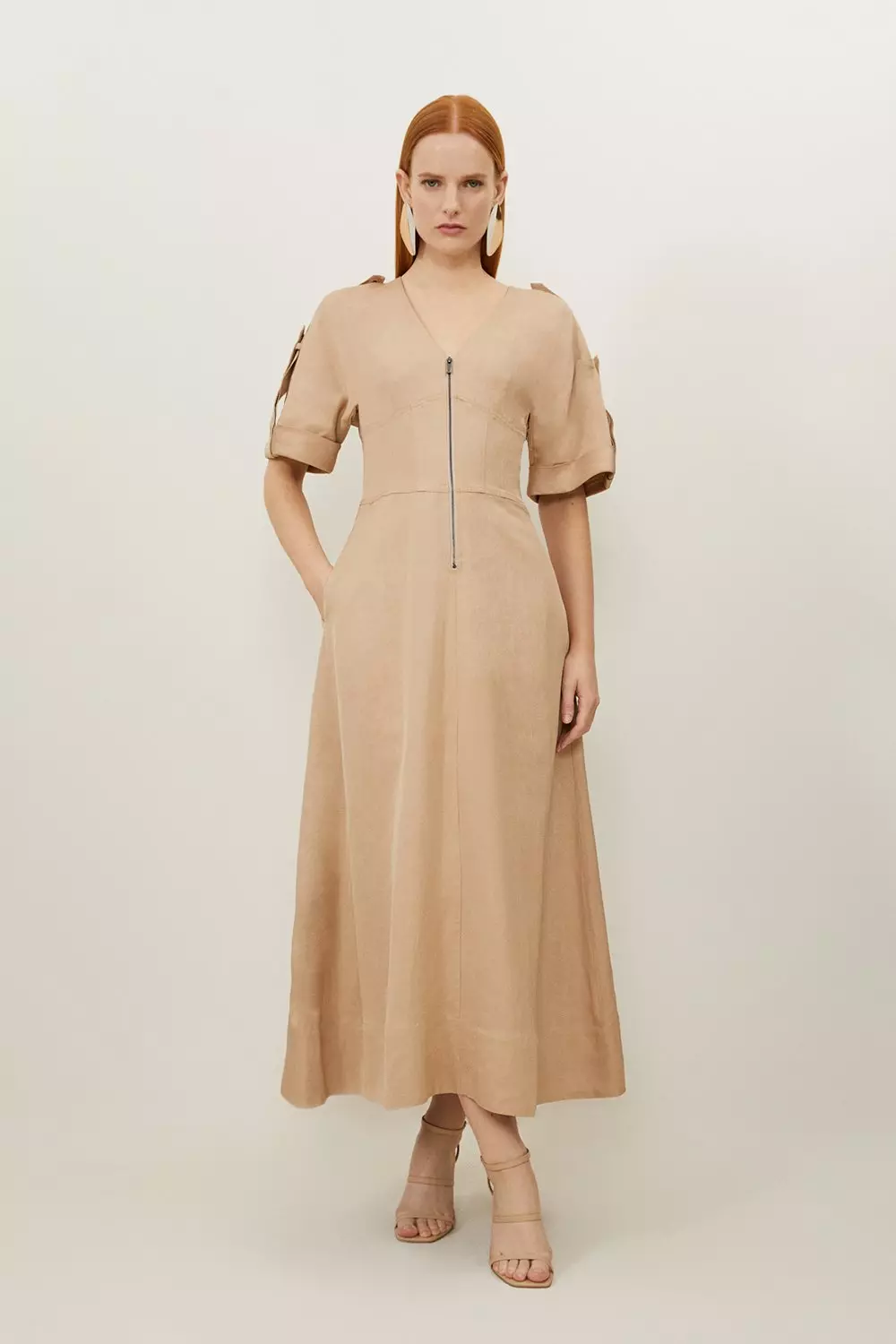 Premium Linen Twill Woven Short Sleeve Midi Dress Karen Millen