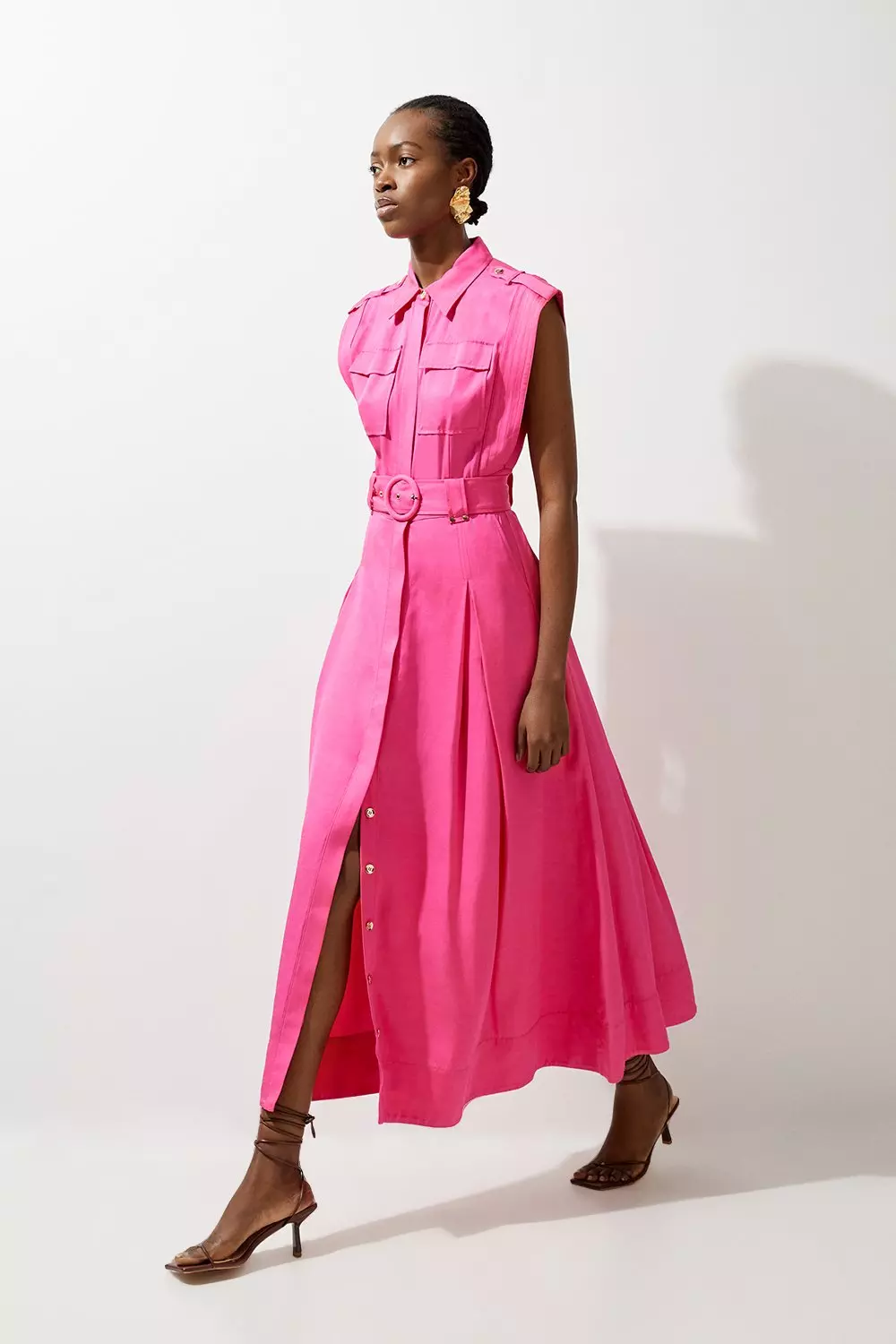 Premium Viscose Linen Topstitch Midaxi Dress | Karen Millen