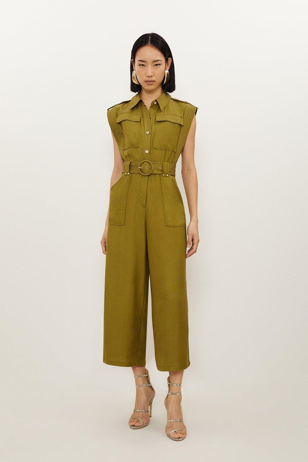 Premium Linen Viscose Topstitch Detail Utility Belted Woven Jumpsuit |  Karen Millen