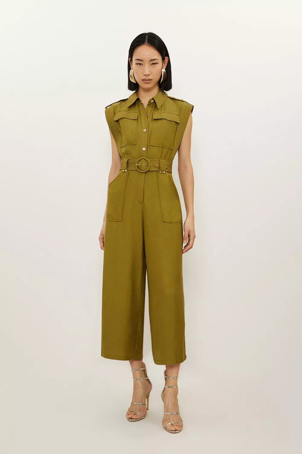 Premium Linen Viscose Topstitch Detail Utility Belted Woven Jumpsuit Karen Millen