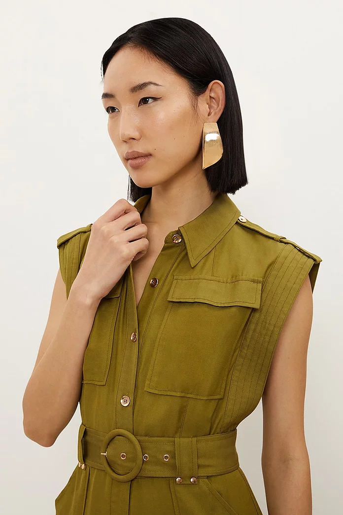Premium Linen Viscose Topstitch Detail Utility Belted Woven Premium Linen Viscose Topstitch Detail Utility Belted Woven