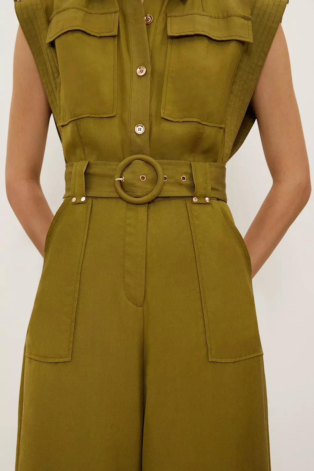 Premium Linen Viscose Topstitch Detail Utility Belted Woven Jumpsuit |  Karen Millen