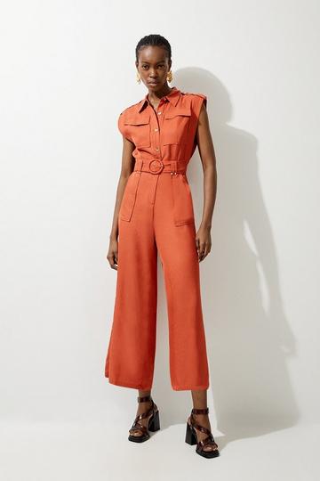 Premium Linen Viscose Topstitch Detail Utility Belted Woven Jumpsuit rust