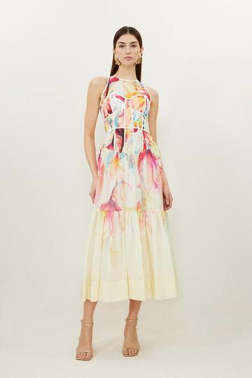 Ombre Floral Silk Cotton Halter Midaxi Dress. pink