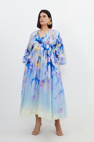 Plus Size Ombre Floral Silk Cotton Plunge Maxi Dress blue