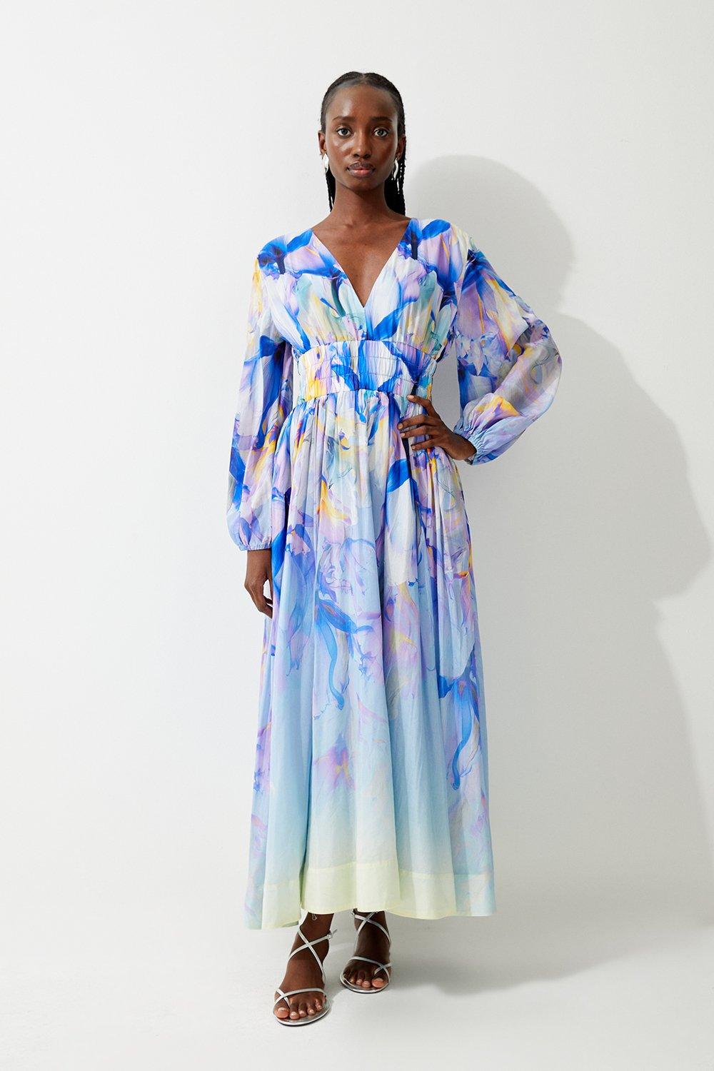 Petite Ombre Floral Silk Cotton Plunge Maxi Dress | Karen Millen