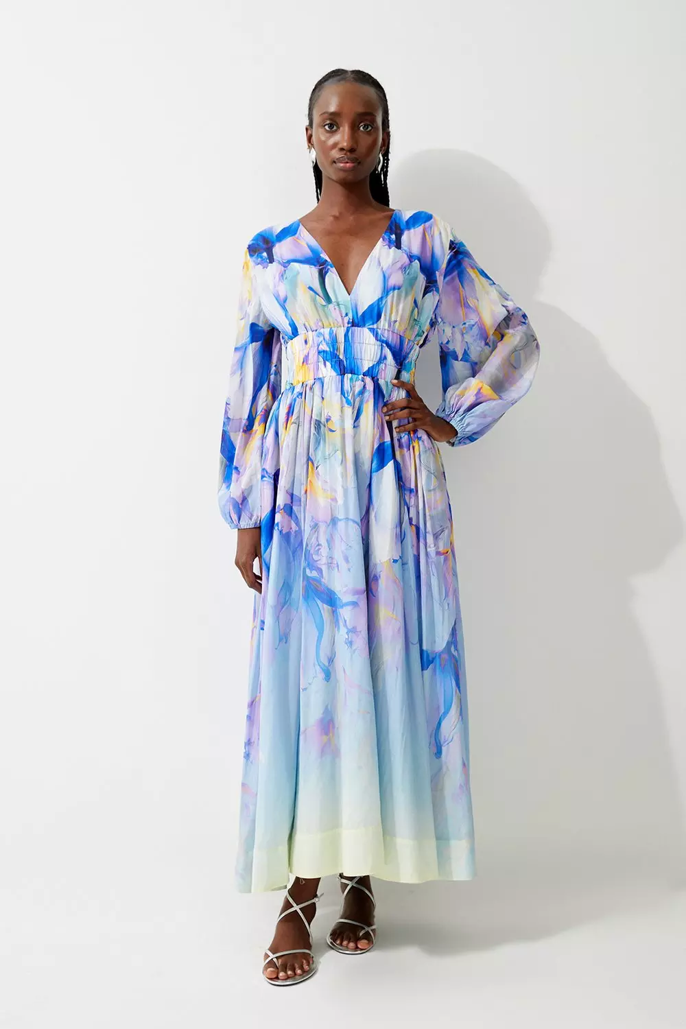 【Karen Millen】ブラーフローラル ドラマ タフタ マキシ Petite Ombre Floral Silk Cotton Plunge Maxi Dress | Karen Millen