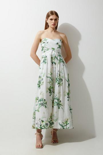 Silk Cotton Spring Floral Bustier Woven Prom Dress green