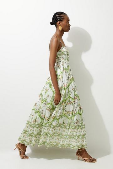 Silk Cotton Mirrored Floral Strappy Woven Maxi Dress green