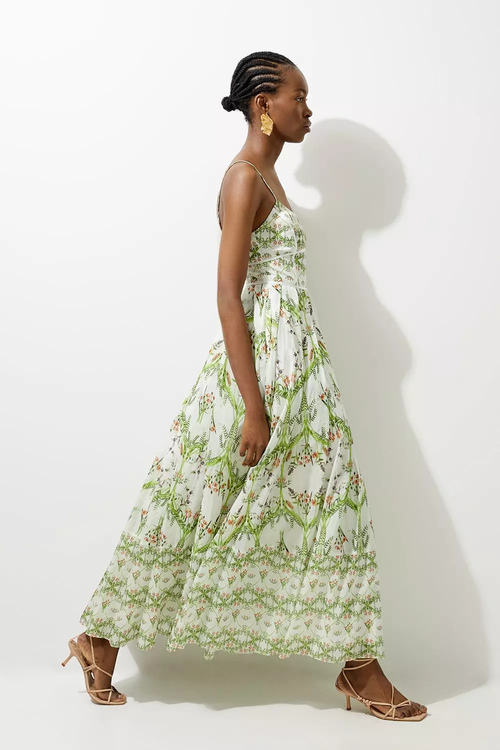 Green Silk Cotton Mirrored Floral Strappy Woven Maxi Dress alternative image