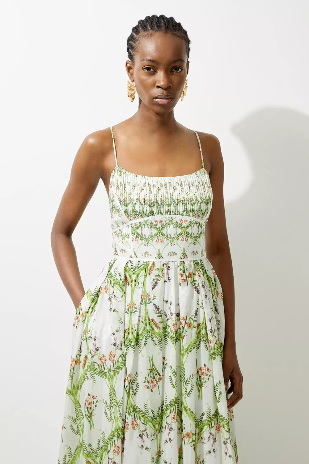 Green Silk Cotton Mirrored Floral Strappy Woven Maxi Dress alternative image
