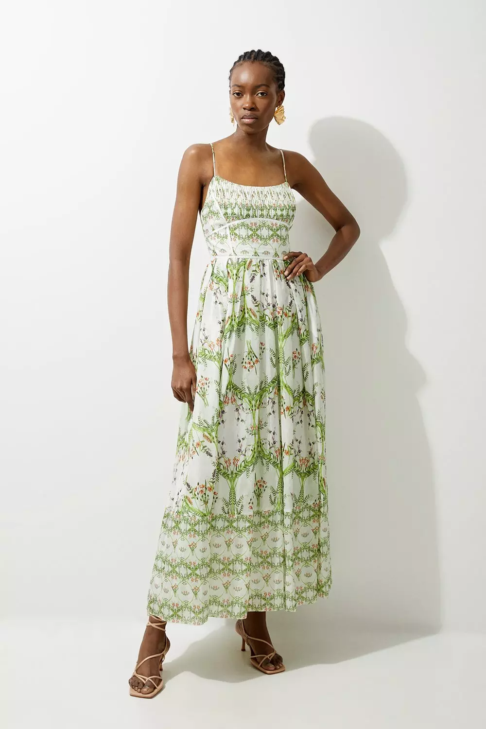 Green Silk Cotton Mirrored Floral Strappy Woven Maxi Dress alternative image