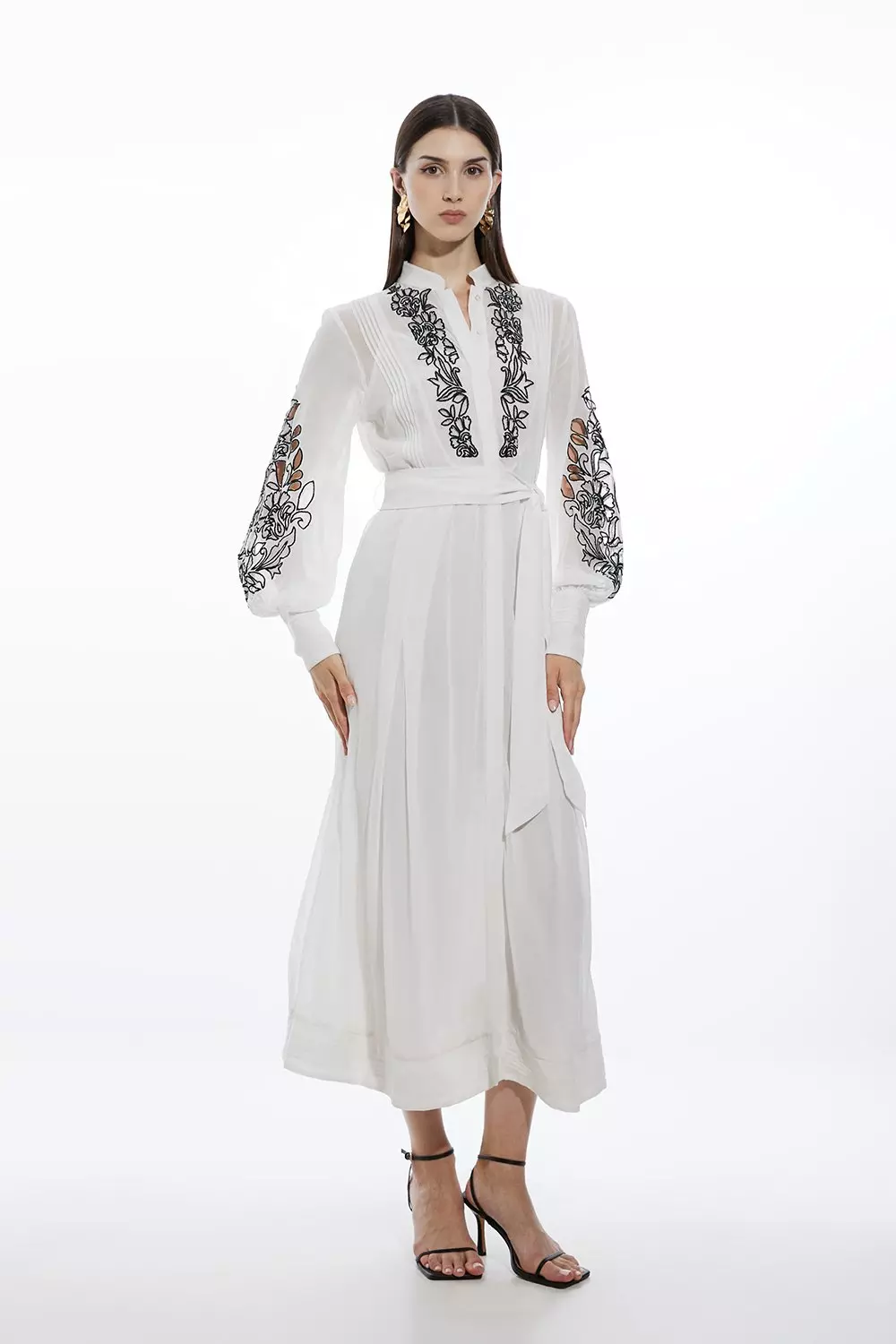 Embroidery Bib Detail Woven Maxi Dress | Karen Millen