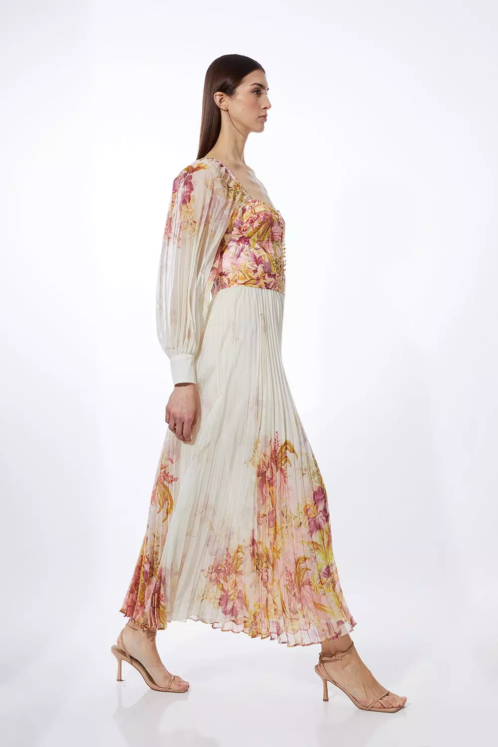 Border Print Floral And Satin Bodice Pleat Woven Maxi Dress Karen Millen