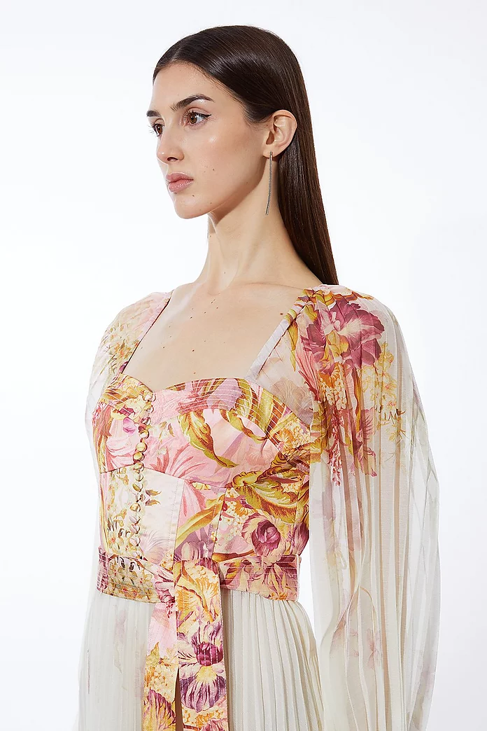 Border Print Floral And Satin Bodice Pleat Woven Maxi Dress Border Print Floral And Satin Bodice Pleat Woven Maxi Dress