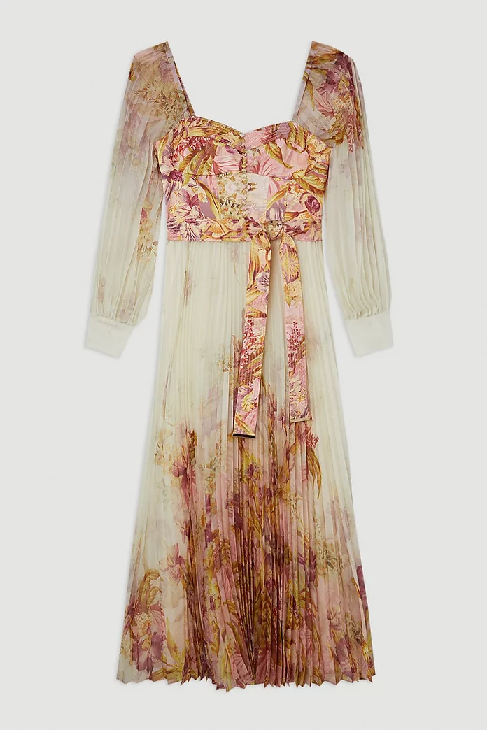 Border Print Floral And Satin Bodice Pleat Woven Maxi Dress Border Print Floral And Satin Bodice Pleat Woven Maxi Dress