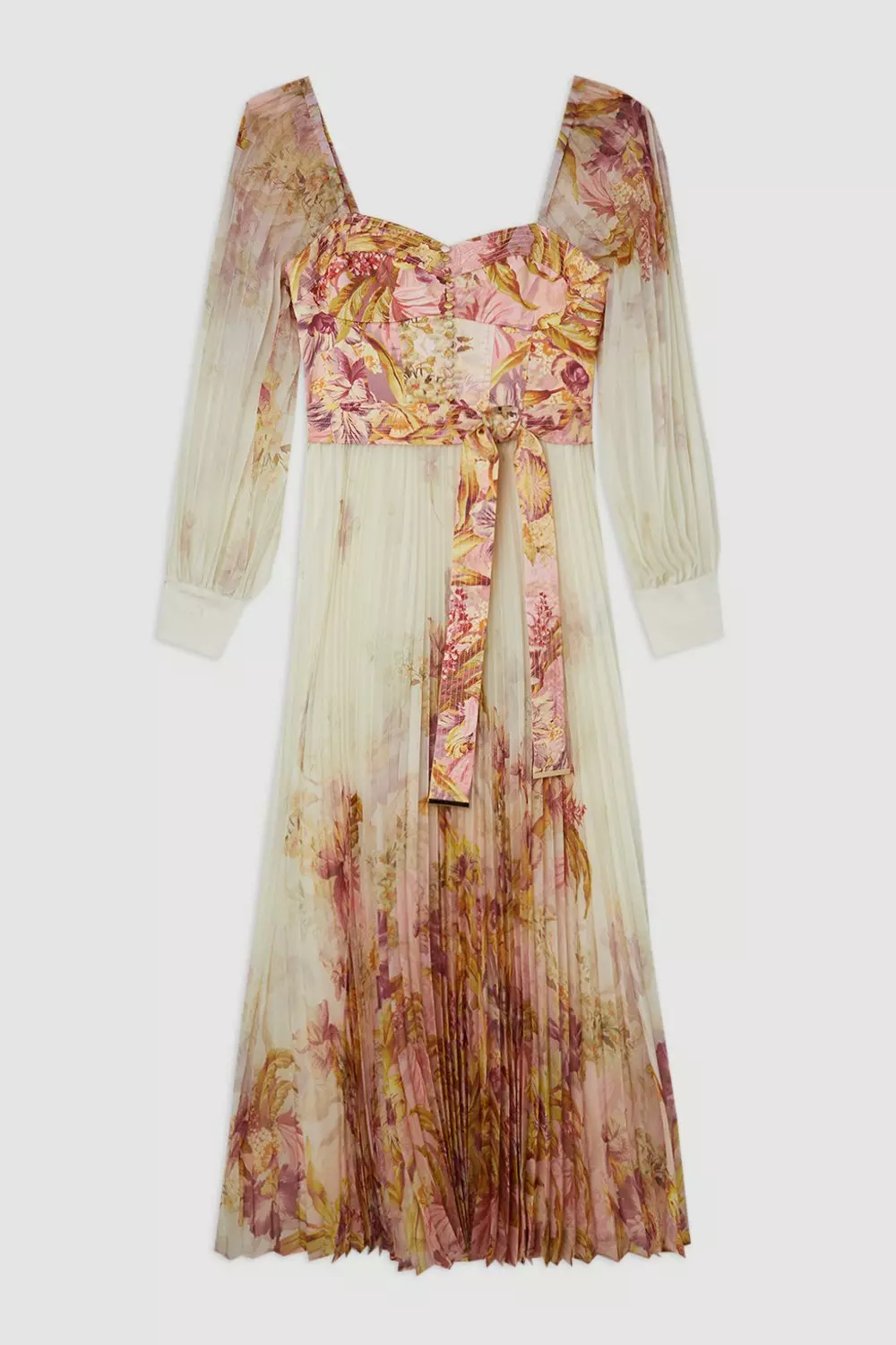 Border Print Floral And Satin Bodice Pleat Woven Maxi Dress