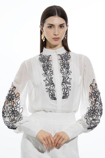 Embroidery Bib Detail Woven Blouse ivory